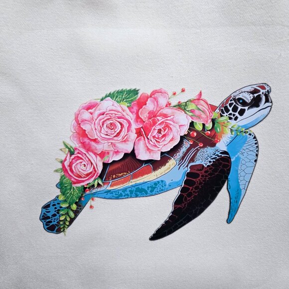 NWOT CANVAS TOTE BAG, GROCERY BAG, GIFT BAG, FLORAL SEA TURTLE 12" X 14" - Picture 2 of 5